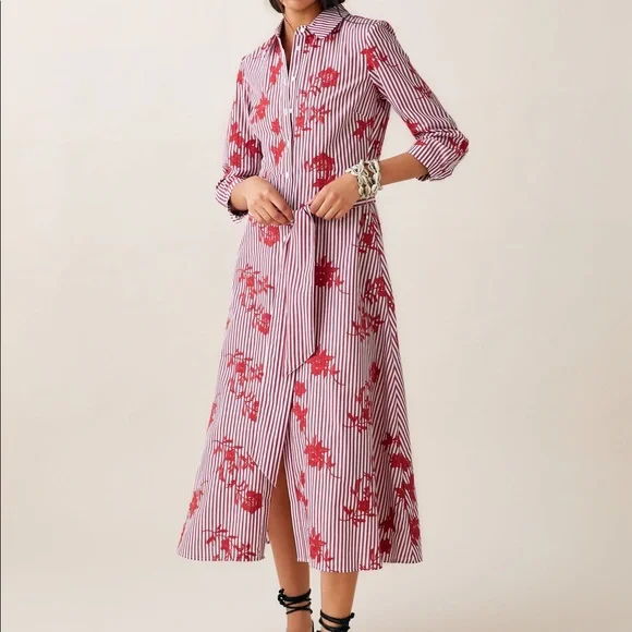 knee length dresses for ladies Zara Striped Floral Midi Dress Button Front Tie Waist Red & White Women  Size S main image 1